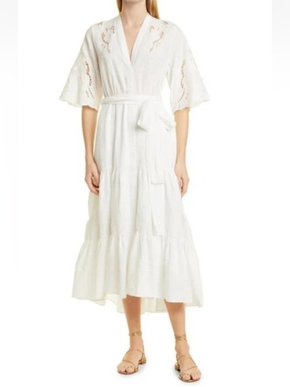 Kobi Halperin Gabbi White Eyelet Midi Dress with Tie Waist Size M